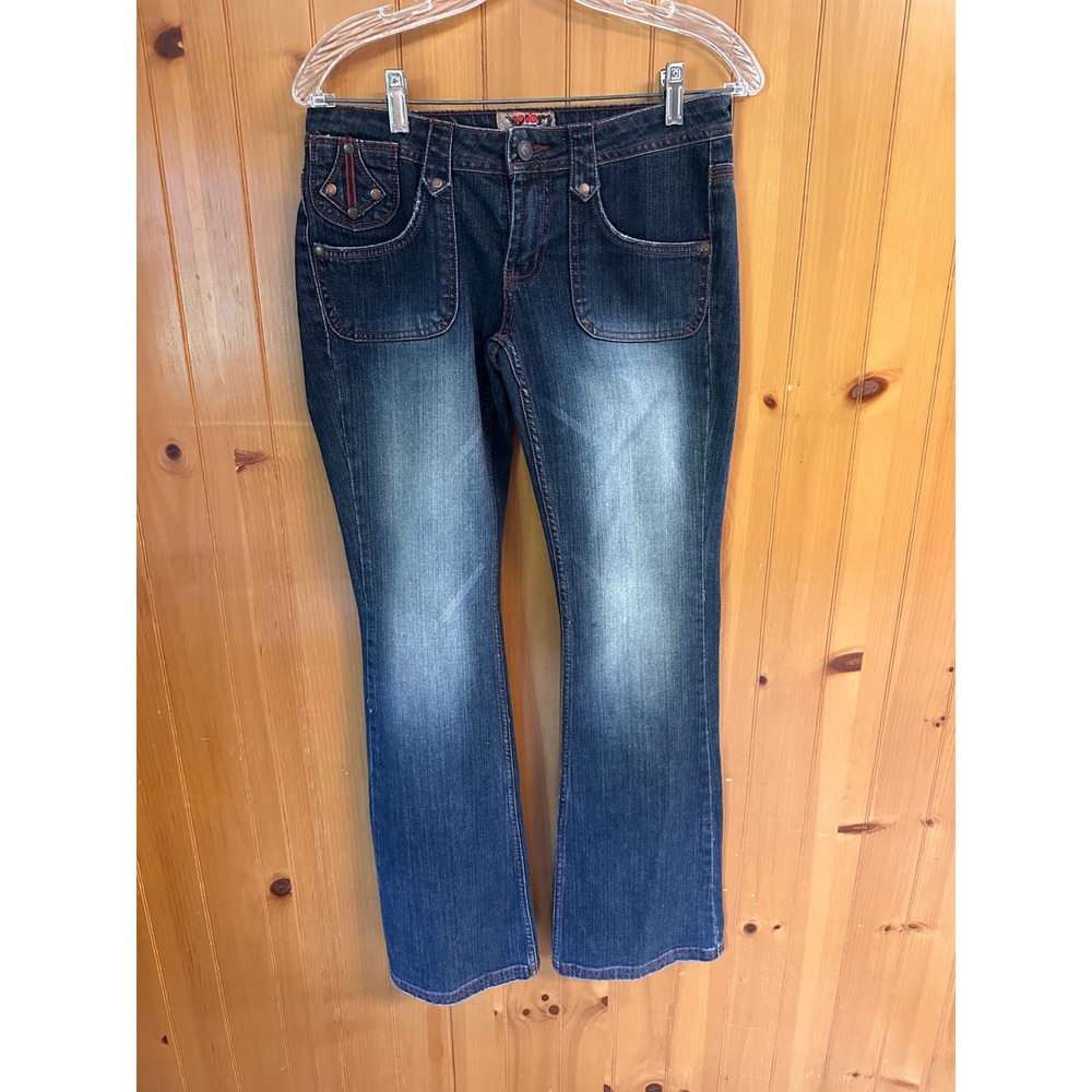 Y2K No Boundaries Flare Jeans Dark Wash Embroidered Red Stitch Juniors 7 Flaw
